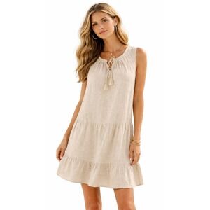J McLaughlin Christa Tiered Shift Linen Dress Women Medium Tan NWT Tassel Boho